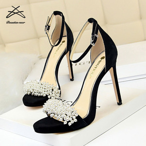 Sandales à talons très hauts pour femmes, en daim imperméable, avec plateforme, perles et strass - Product Image 3