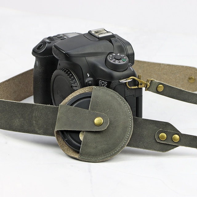 Personalized Custom Attached to Camera Strap Slim Round Leather Camera Lens Cap Holder