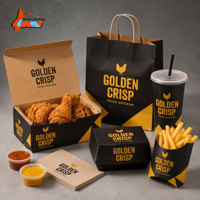Ensemble d'emballages en papier personnalisés pour la restauration rapide, boîte à poulet frit, sac en kraft, porte-frites, noir et or, marquage de la marque de restaurant