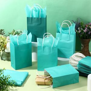 Bolsas de Regalo de Papel Kraft Biodegradables Ecológicas Duraderas de Color Azul Verde Azulado Impresas Personalizadas al por Mayor de Fábrica con Asas - Product Image 5