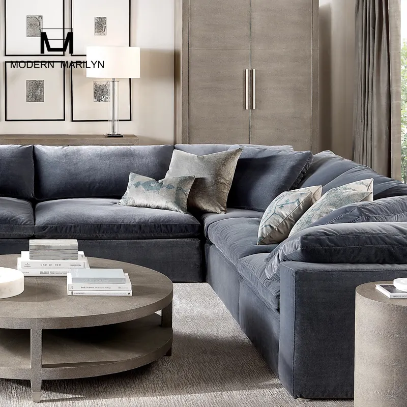 Modern New Design 7 Seats Soft Durable Cloud Modular Sofa In Grey Linen Fabric Upholstery Living Room Sofa L Shape Corner Sofa