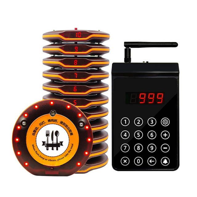 CATEL Wireless Paging System Coaster Pager Wireless Calling Table Buzzer for Restaurant Guests 10 Pagers 1 Keyboard Transmitter