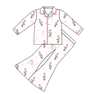 Pantalones acampanados con cintura elástica y un solo botón de manga larga para niñas pequeñas al por mayor, ropa de dormir familiar suave a juego para mamá e hija - Product Image 6