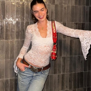 Top in <span class=keywords><strong>Pizzo</strong></span> a Maniche Lunghe <span class=keywords><strong>con</strong></span> Scollo Profondo a V, Aderente e Versatile, Stile Europeo e Americano, Sexy e Corto <span class=keywords><strong>con</strong></span> Ombelico Scoperto - Product Image 3