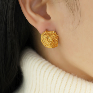 Stud <b>Earrings</b> Gold Irregular Folded Circle Design Everyday Wear Stainless Steel <b>Post</b> EH208 - Product Image 4