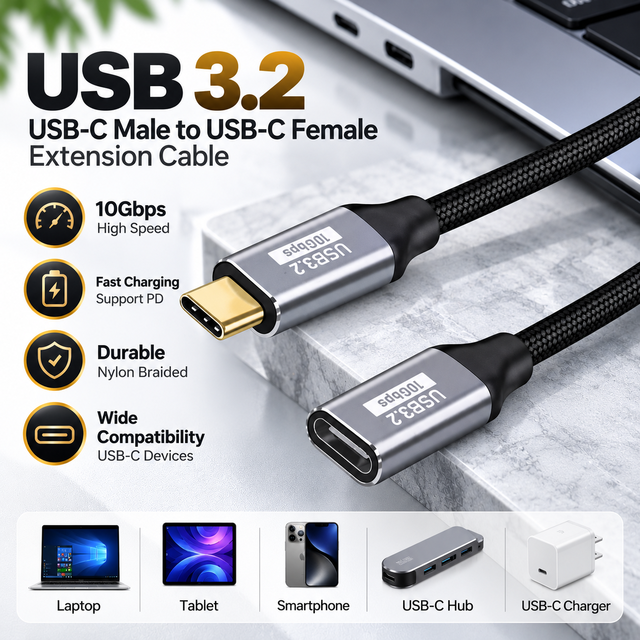 USB 3.2 Gen 2 Type C Extension Cable 10Gbps USB C Male to Female Fast Charging Nylon Braided Data Cord