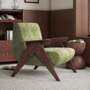 Fauteuil simple vert rétro nordique en chenille, style décontracté, bois massif, mobilier de salon de luxe léger - Product Image 2