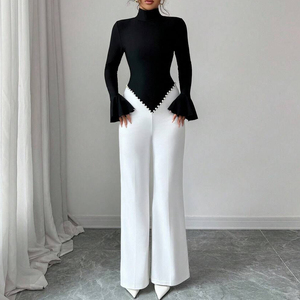 Combinaison élégante pour femme à col montant bicolore avec <span class=keywords><strong>taille</strong></span> en V ornée de perles - Product Image 1
