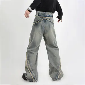 Calça jeans com painel de borda crua desmontada personalizada, fabricante atacadista de calças jeans para homens, calças flare lavadas com lixívia