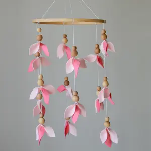 boho minimalist baby shower gift girl custom wood beads pink floral felt soft toy baby crib mobiles with music
