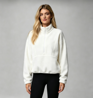 Manteau long d'hiver personnalisé avec logo, col montant, fermeture éclair, pour femme, chaud, en polaire Sherpa, sweat-shirt à quart de zip, avec capuche