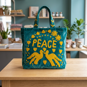 กระเป๋าโท้ทกำมะหยี่สีเขียวสั่งทำขายส่ง พร้อมลายปักตัวอักษร PEACE สีเหลือง รูปนกพิราบ หัวใจ และลายดอกไม้ - Product Image 5