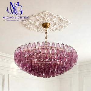 Lámpara de Araña de Cristal Acanalado Magenta Estilo Medieval Francés, Colgante de Lujo para Decoración de Villas, Salas de Estar y Comedores con Techos Altos - Product Image 2