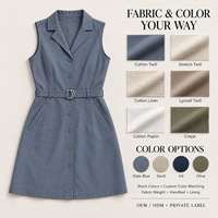 Robe mini utilitaire sans manches pour femme, col à revers cranté, avec ceinture à anneau en D et boutons ton sur ton, en sergé bleu ardoise, avec poches, personnalisable OEM, marque privée