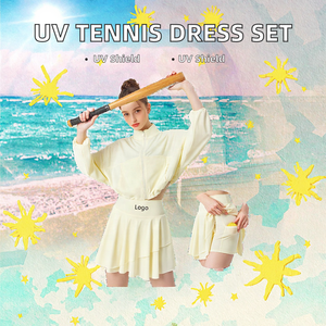 Trajes de entrenamiento de golf y tenis de 2 piezas con protección UV de verano para mujer Falda plisada y Chaqueta larga con cremallera y logotipo frontal - Product Image 2