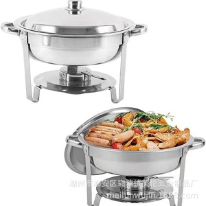 ถาดอุ่นอาหารสแตนเลสทรงกลมพร้อมฝาปิดและขาตั้งสำหรับใช้ในโรงแรมและงานจัดเลี้ยง - Product Image 4