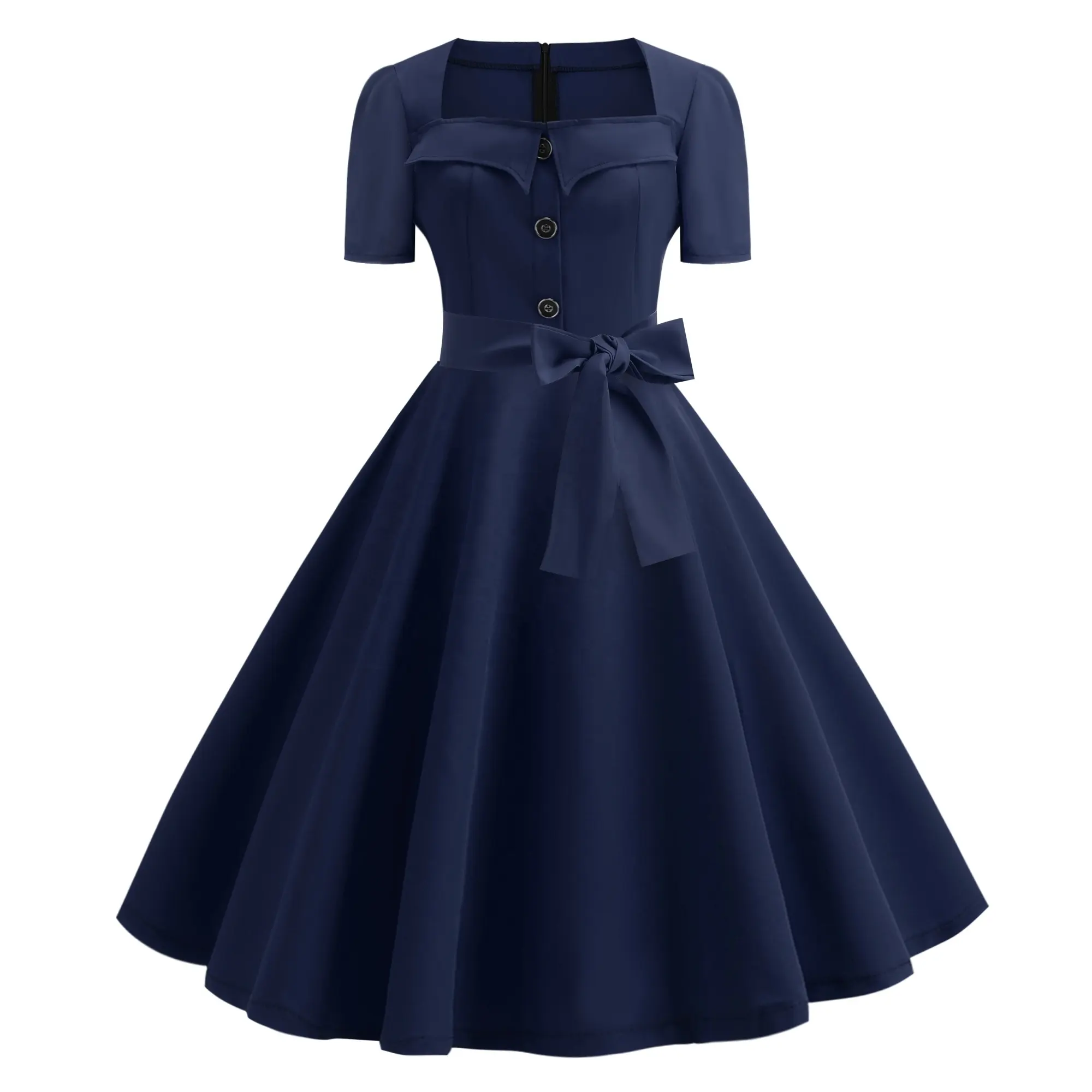 SP-W6002 Của Phụ Nữ Vuông Cổ Collared Tie Eo 40S 50S Vintage Dress
