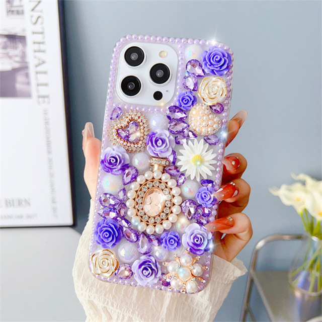 Diamond Pearl TPU Mobile Phone Case for iPhone 8 X XR XS 11 12 16 Pro Max-Glitter Chrysanthemum Rose Love Heart Luxury Style