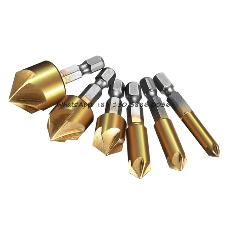 Hex Shank Countersink Drill Bit 6-19mm Set Titanium Coated 5 Flute Hole Drill 90 Degrees Wood Chamfering Cutter