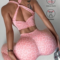 Ensemble de yoga respirant Qintong pour femme, 2 pièces, best-seller transfrontalier, soutien-gorge imprimé léopard à dos plissé et bretelles croisées
