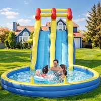 Toboggans aquatiques gonflables commerciaux à double piste avec piscine à balles, mur d'escalade, piscine à jets, jeu de lancer d'anneaux, panier de basket-ball, souffleur