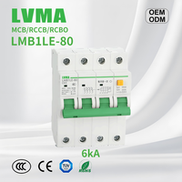RCBO/RCCB LMB1LE-80 6kA 1P-4P Pemutus Sirkuit Miniatur (MCB) dengan Perlindungan PA66 Li Tembaga 6A-80A