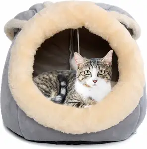 室内猫用猫床-带防滑底部的小狗床，兔子形猫/带悬挂玩具的小狗洞，小狗床