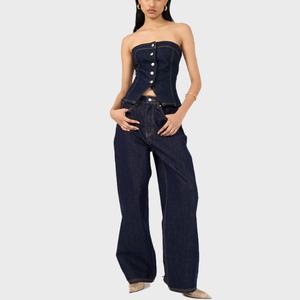 Conjunto de mezclilla para mujer, novedad de primavera: Top corto sin tirantes con botones y cuello sexy, y jeans de pierna ancha de tiro bajo con lavado ácido. - Product Image 1