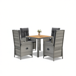 Ensemble de salle à manger de jardin en rotin PE gris pour l'extérieur, 4 places, table en teck, design contemporain, résistant aux intempéries - Product Image 1