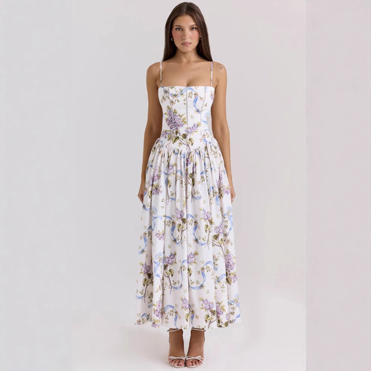 knee length dresses for ladies Fairy Garden Draped Floral Chiffon Maxi Dress