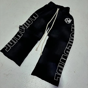 Men's Mid Waist Street Style Breathable Printed Heavyweight Drawstring Sweatpants 100% Cotton <strong>Black</strong> Loose Fit Summer <strong>Pants</strong> - Product Image 1