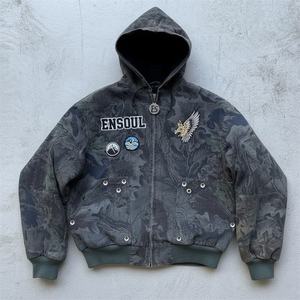 ES kustom Streetwear kotak 450 500gsm ukuran besar kelas berat tertekan 3D bordir <span class=keywords><strong>Camo</strong></span> cetak asam cuci Zip up Hoodie pria - Product Image 1