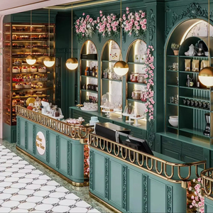 European Cafe Shop Interior Decoration | Customized Green Coffee Counter & Fashion Milk Tea Bar Showcase with LED Lighting - Product Image 1