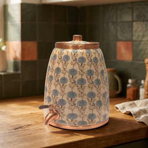 Distributeur d'eau en cuivre artisanal indien avec robinet à motif floral bleu doré, chaud et froid, garantie de 3 ans pour usage domestique - Product Image 2