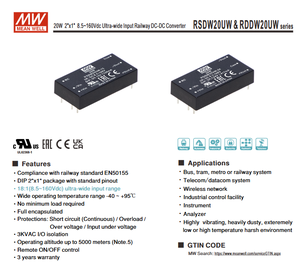 MEAN WELL RSDW20UW-12 20W ตัวแปลงไฟ DC DC แบบแยกส่วน 8.5‑160VDC อินพุต 12V 1.67A เอาต์พุต EN50155 โมดูลจ่ายไฟแบบติดตั้งบน PCB สำหรับรถไฟ - Product Image 2