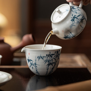 Hand-Painted Blue Bamboo Ceramic Fair Cup Porcelain Round Without Lid Kung Fu <b>Tea</b> <b>Set</b> Afternoon <b>Tea</b> Dehua County - Product Image 2
