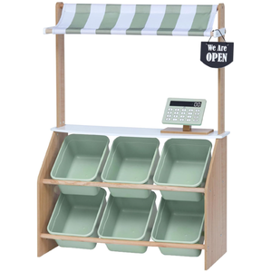 Stand de marché agricole en bois pour enfants avec <span class=keywords><strong>caisse</strong></span> <span class=keywords><strong>enregistreuse</strong></span> factice et 6 bacs de rangement en plastique vert - Product Image 1