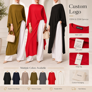 Set Musulmano in Due Pezzi Stile Turco con Logo Personalizzato, Abaya Irregolare Modesta e Pantaloni a Gamba Larga, Abbigliamento Islamico da Donna OEM - Product Image 2