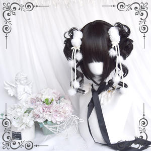 DM Women's Full Head Wig Black Short Straight Cosplay Hairpiece With Floral <b>Bun</b> Glueless Kanekalon Fiber Henan Origin - Product Image 4