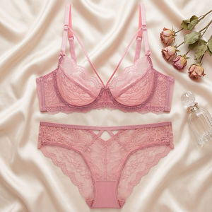 Conjunto de sujetador con aros y bragas de encaje rosa, lencería romántica transparente para mujer, conjunto de lencería transpirable de talla grande para mujer, OEM ODM - Product Image 4