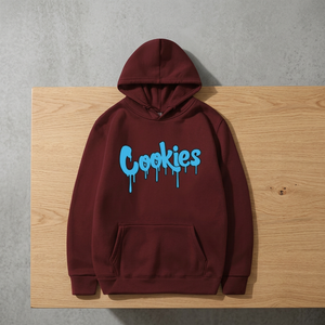 Sudadera con Capucha para Hombre, Color Granate, con Estampado de Letras 'Dripping Cookies', Bolsillo Frontal, Corte Regular, Informal - Product Image 4