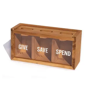 Spend Save Give Kids Adults Money Saver Wooden Money Saving Jar Box Coin Cash Piggy Bank