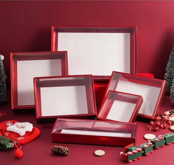 إيمي صندوق فاخر مخصص للاحتفاء بالكريسماس باللون الأحمر الذهبي, علبة حلوى الكعك المخبوزات الفاخرة من إيمي مع غطاء شفاف ، علبة هدايا عيد الحب