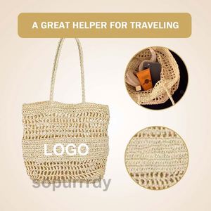 Custom Logo Embroidered <b>Handbag</b> Handwoven <b>Straw</b> Shoulder Tote Bag Summer Casual Holiday Basket Mesh Beach Bag Shoulder Bags - Product Image 3