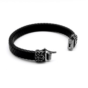 Yunnique Pulsera de cuero negro con patrón de ancla y hebilla de plata tibetana, joyería unisex - Product Image 4