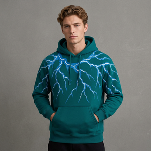 Sweat-shirt à capuche pour homme, vert sarcelle, imprimé éclair, coupe classique, pull décontracté, 100 % coton French Terry, pour l'automne, avec poches - Product Image 1