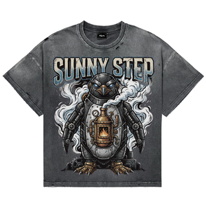 Camisetas de algodón vintage con lavado ácido y efecto desgastado para hombre, transpirables, de corte oversize, con estampado de pingüino punk y letras, de manga corta, para venta al por mayor - Product Image 1
