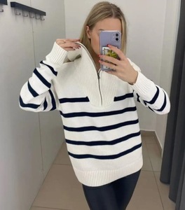 كنزة نسائية كورية جديدة شتوية سميكة بسحاب ربع أمامي، سترة صوفية مخططة بياقة عالية - Product Image 3