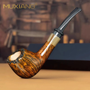 Muxiang Handmade Burl Wood Tobacco Pipe Bent Type Gold Contrast Smooth Finish Smoking Accessory For Men - Product Image 1