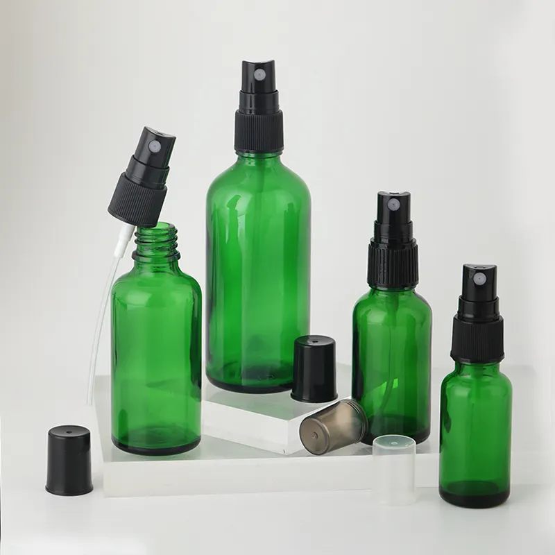 Cilinder Spray Tonerfles 10Ml 20Ml 30Ml 50Ml 100Ml Lege Cosmetische Groene Glazen Spuitfles Met Zwarte Sproeier